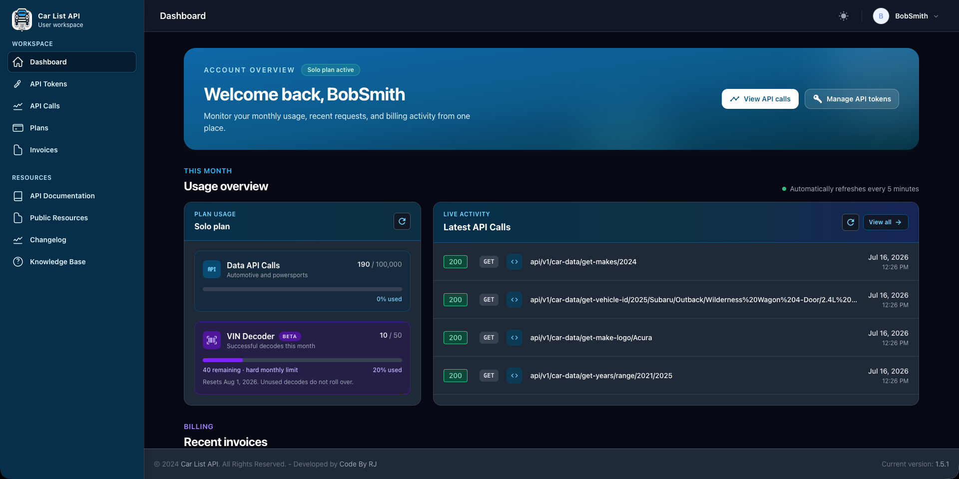 Car List API developer dashboard showing API usage, VIN decoder quota and recent requests